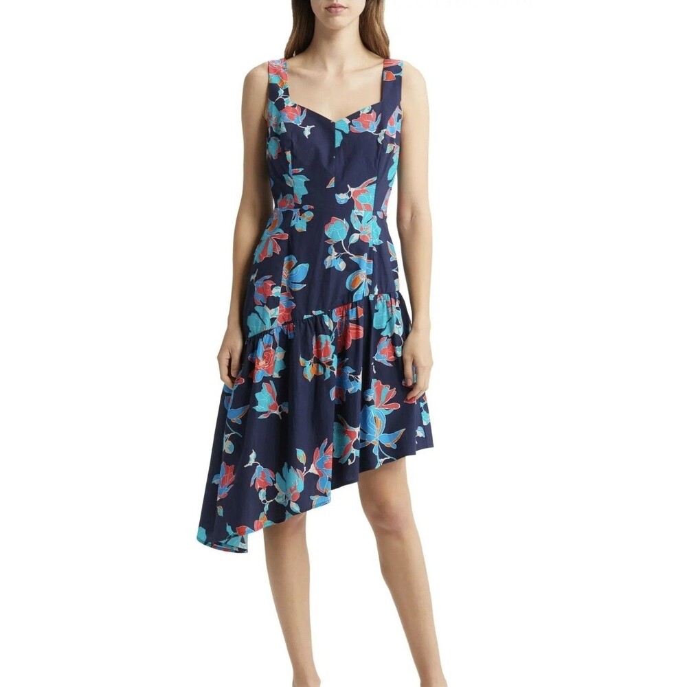 Du Paradis Floral Asymmetric Hem Cotton Midi Dress Size L Summer Night Navy Blue